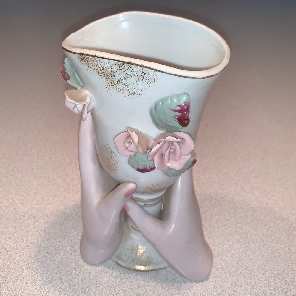 1960’s Japan Hand Painted Porcelain Hands Rose Embellished Gold Accents Vase